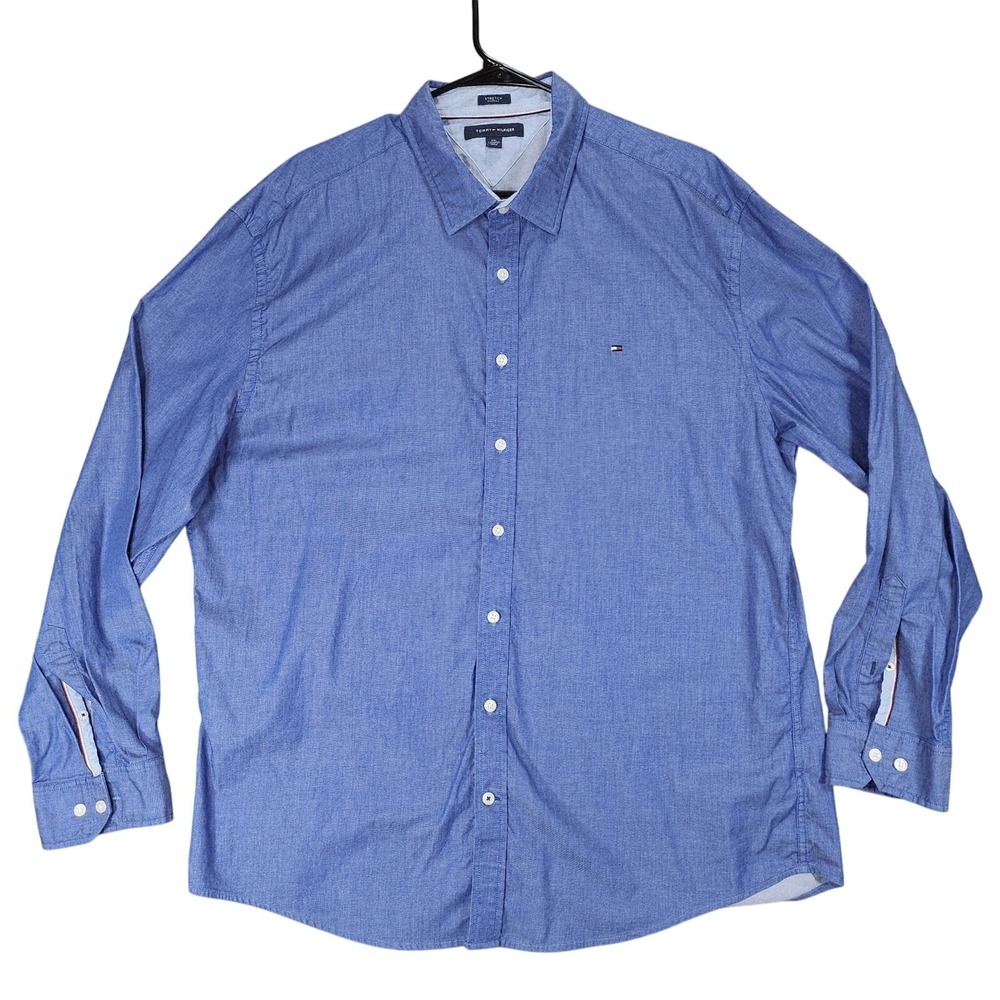 Tommy Hilfiger Button Up Shirt‎ XXL Men Blue Stretch Casual Business Logo Preppy